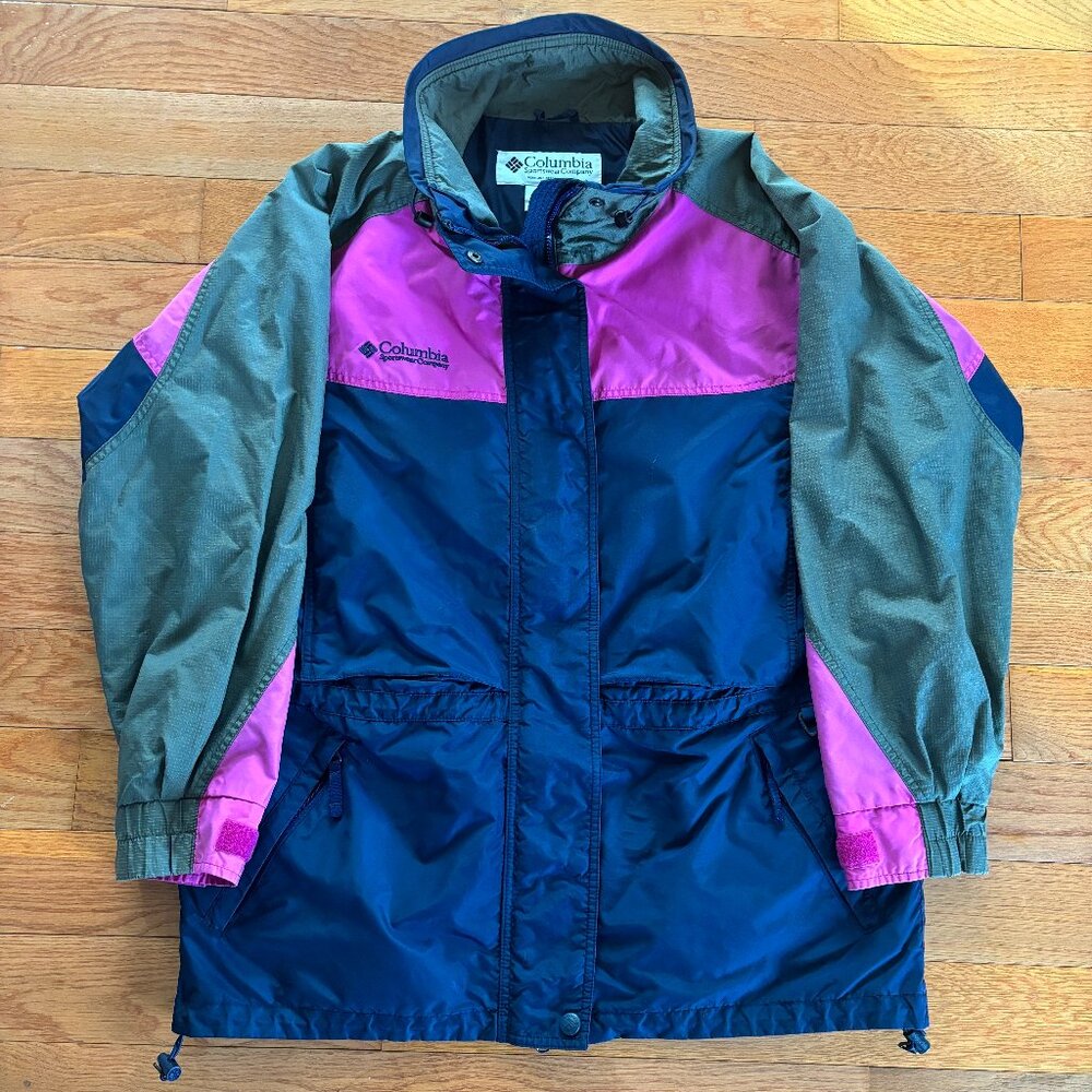VTG COLUMBIA Ski Jacket Womens L Color Block Williwaw 90s Nylon Parka Blue Pink‎